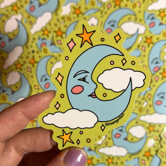 Blue Crescent Moon and Stars Sticker