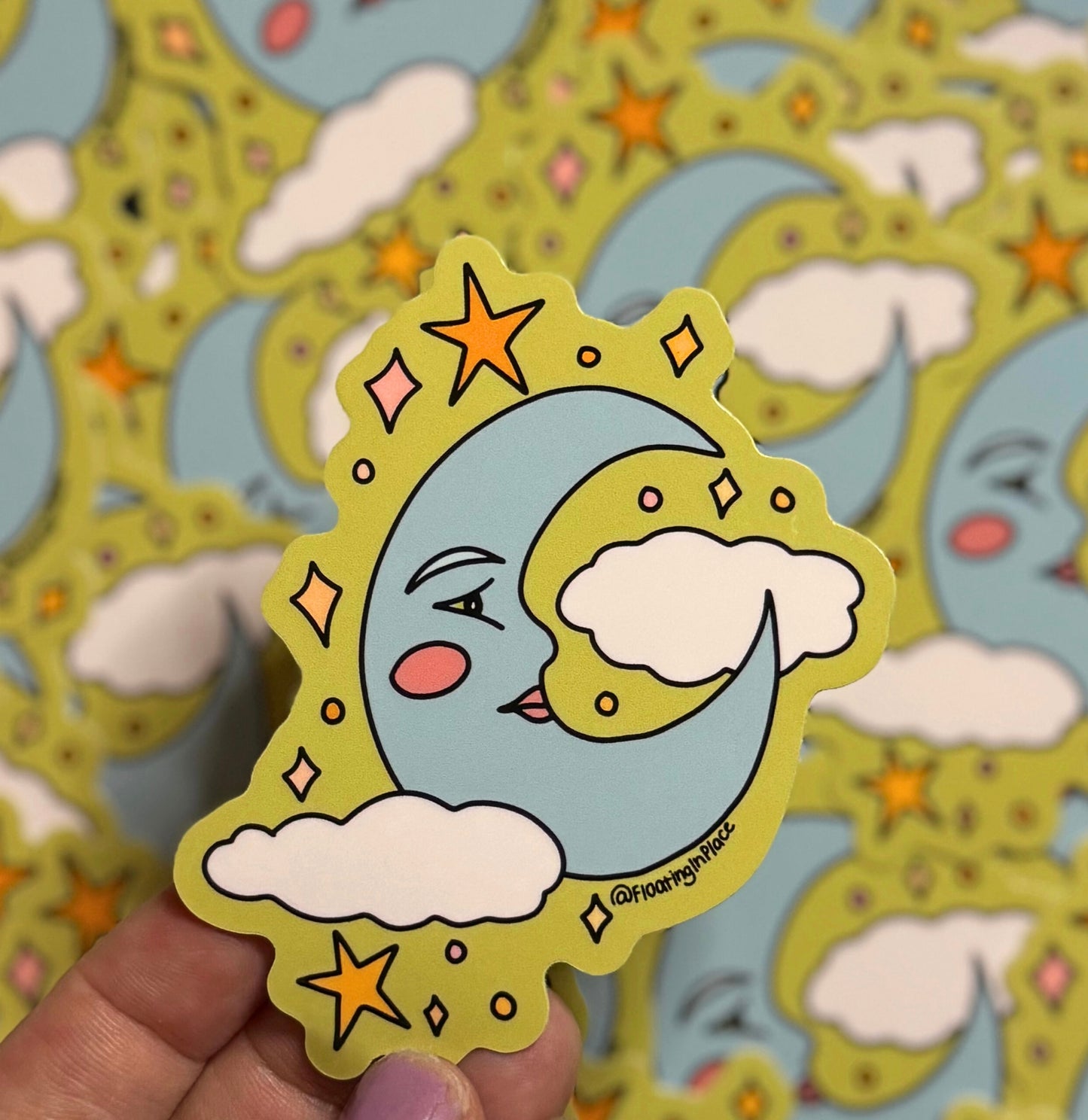 Blue Crescent Moon and Stars Sticker